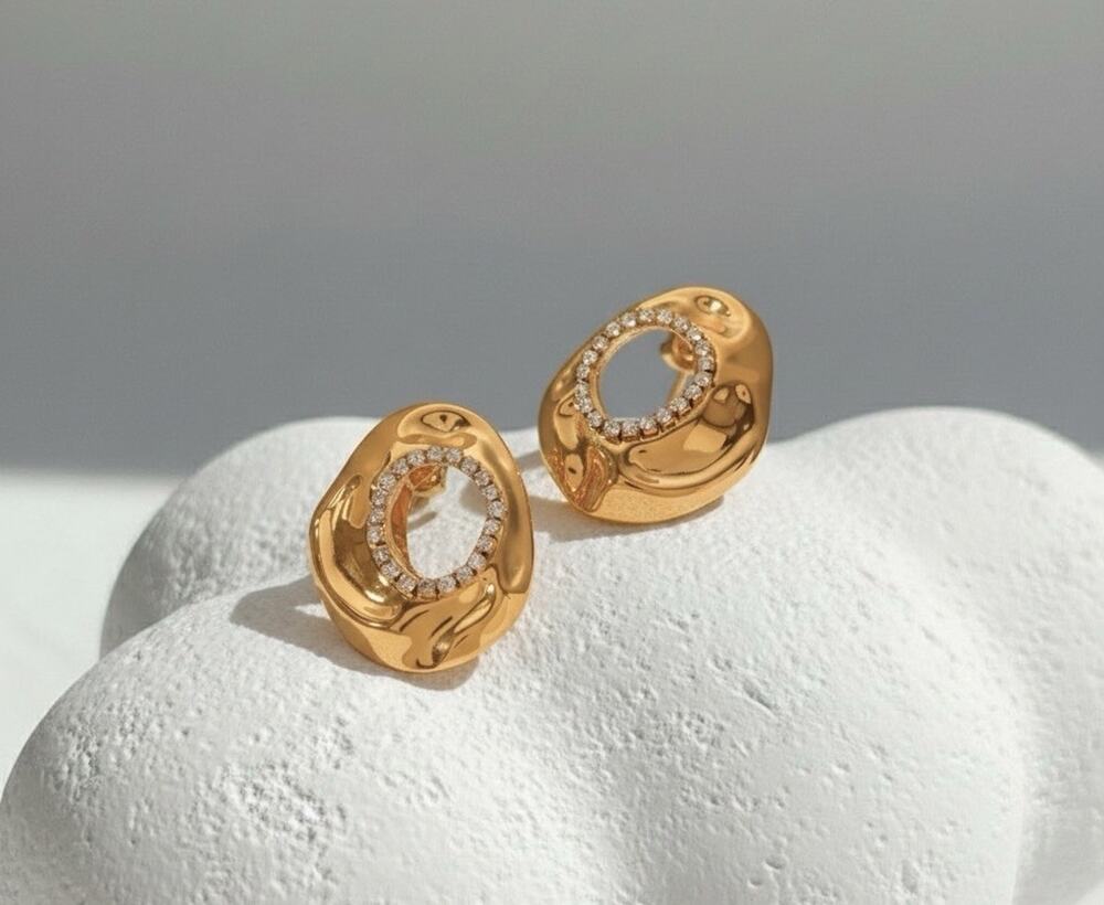 Anthropologie Hoop Earrings Gold CZ Hammered Crinkle Textured Irregular Scrunchy